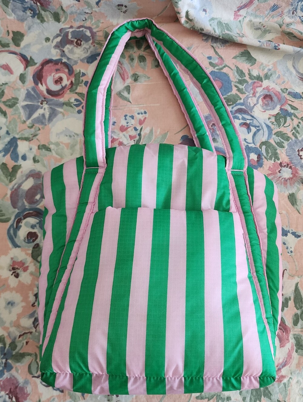 Baggu Pink Green Awning Mini Puffy Tote Shoulder Bag